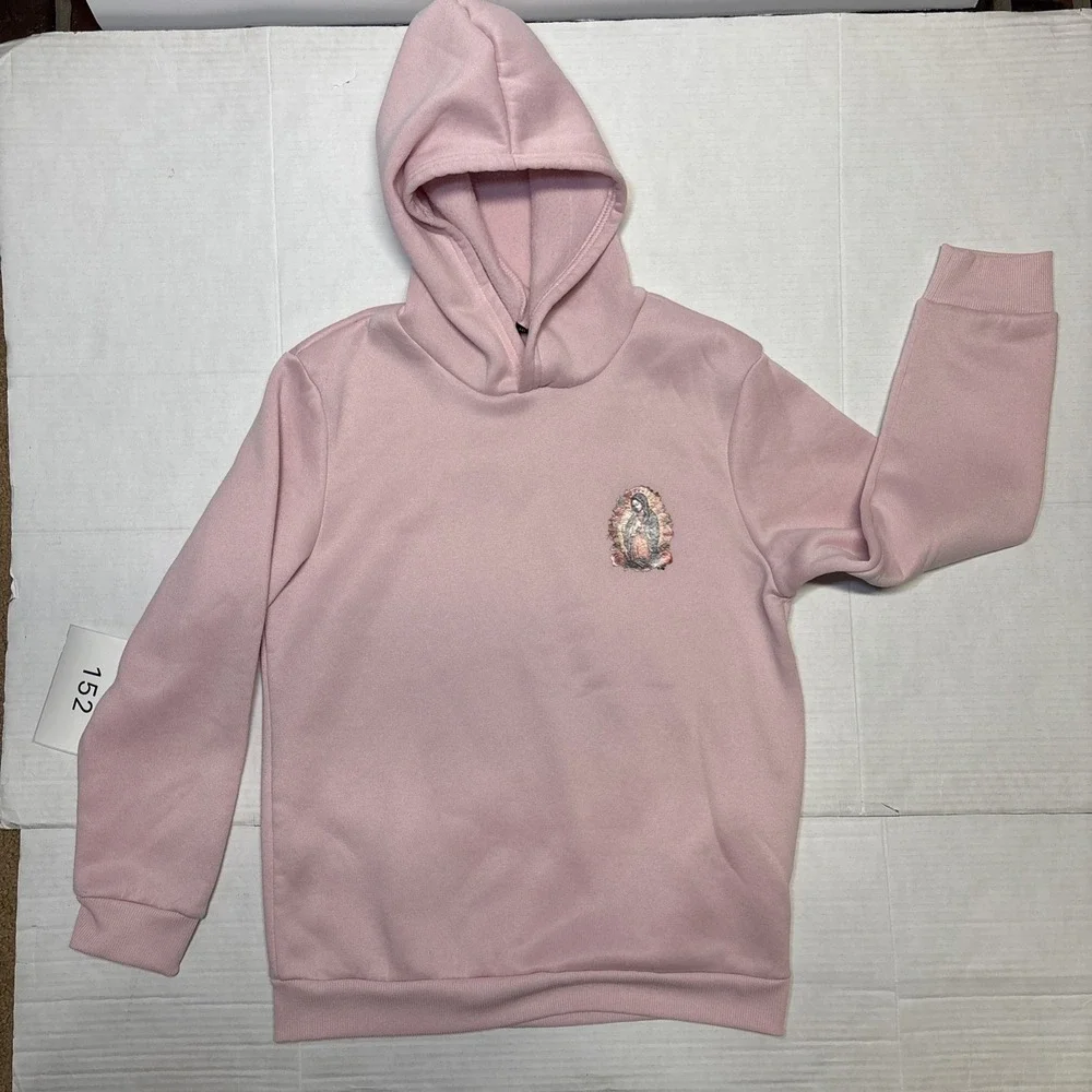 Unbranded Youth 12Y Pink Virgin Mary Religious Graphic Pullover Fleece Hoodie